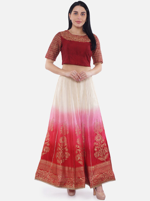 Be Indi Maroon & Cream-Coloured Embroidered Ready to Wear Lehenga &