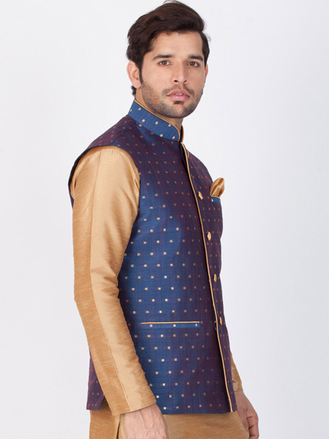VASTRAMAY Men Blue & Beige Printed Woven Nehru Jacket - Image 3