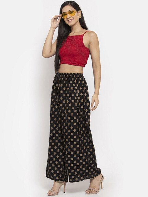 Clora Creation Women Black & Gold-Toned Polka Dot Print Wide Leg Palazzos - Image 4