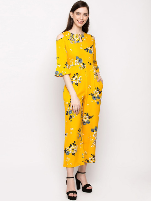 Slenor Women Yellow & Off-White Printed Basic Jumpsuit