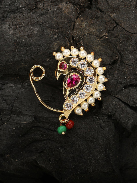 Adwitiya Collection 24K Gold-Plated & Maroon CZ Stone-Studded Peacock-Shaped Clip-On Nosepin