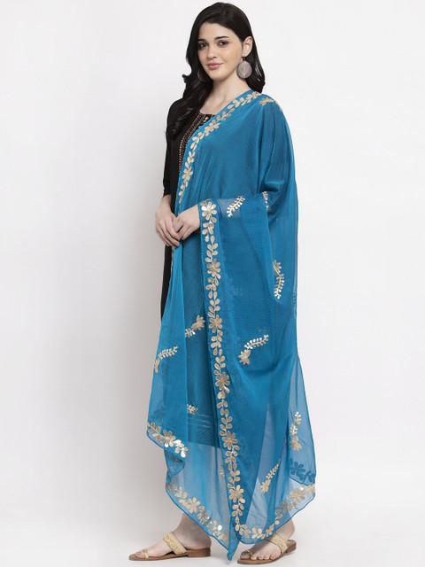 Clora Creation Turquoise Blue & Gold-Toned Woven Design Dupatta - Image 3