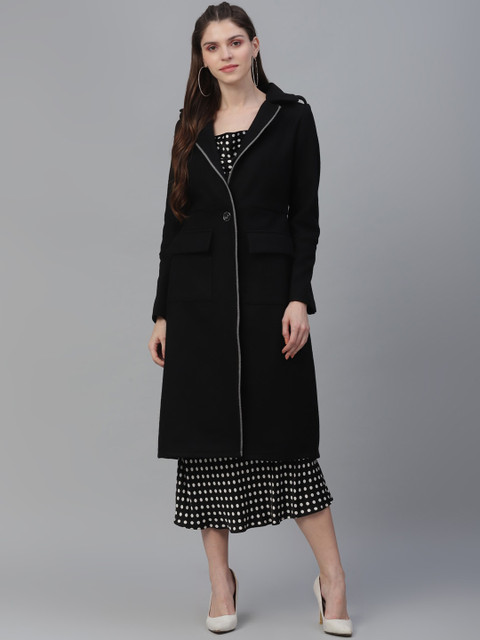 Athena Women Black Solid Longline Overcoat