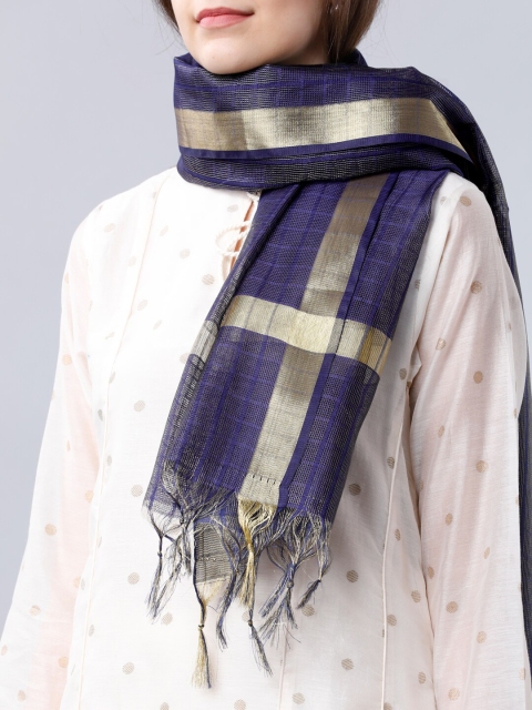 Vishudh Women Navy Blue Checked Dupatta - Image 2