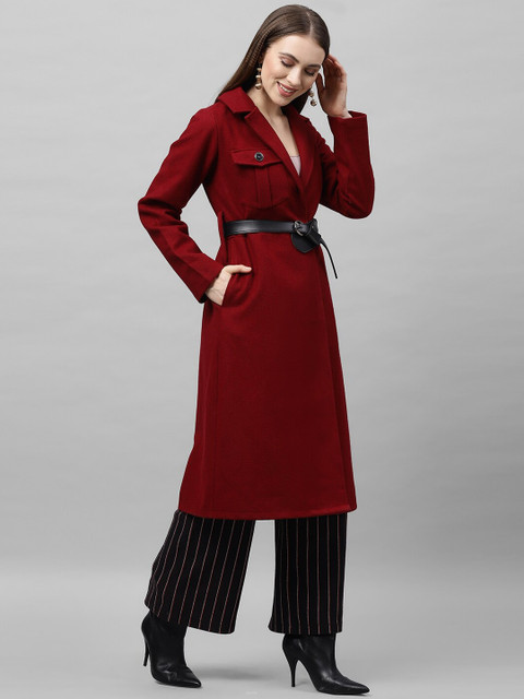 Athena Women Burgundy Solid Longline Overcoat - Image 3