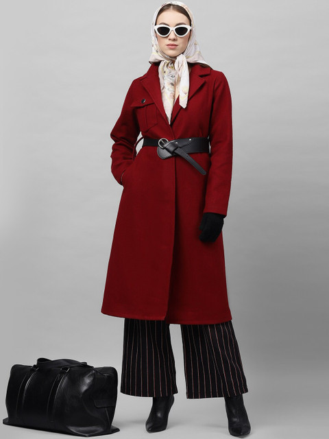 Athena Women Burgundy Solid Longline Overcoat - Image 6