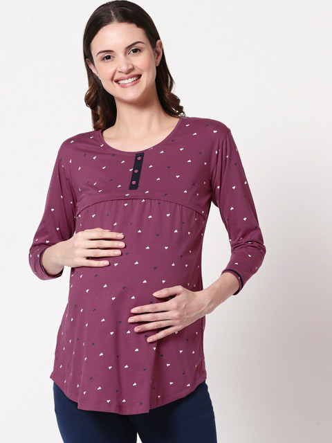 Zeyo Women Purple Printed Maternity & Feeding Pure Cotton Top