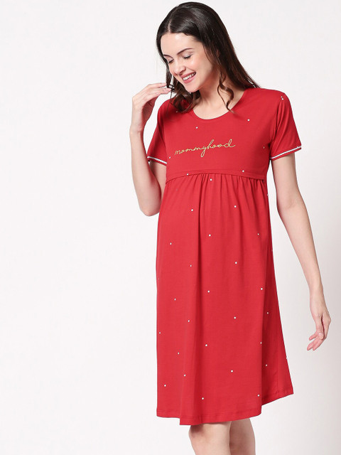 Zeyo Women Red & White Printed Maternity & Feeding Nightdress ZS-FEED-5356 - Image 3