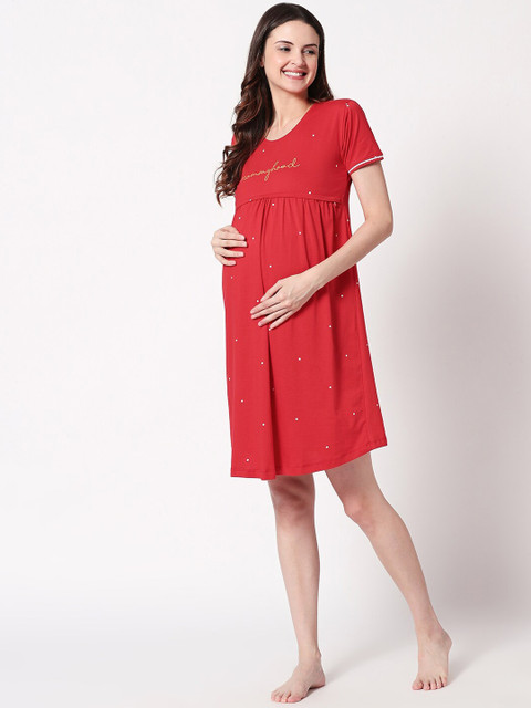 Zeyo Women Red & White Printed Maternity & Feeding Nightdress ZS-FEED-5356 - Image 5