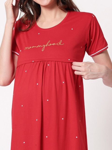 Zeyo Women Red & White Printed Maternity & Feeding Nightdress ZS-FEED-5356 - Image 2
