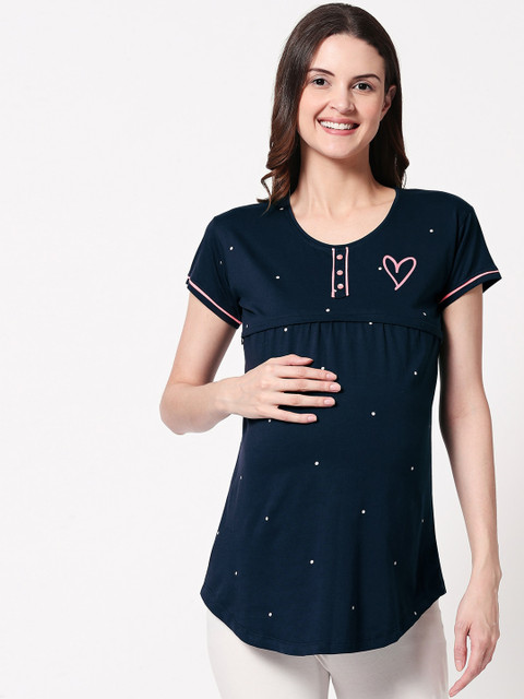 Zeyo Women Navy Blue Embellished Maternity & Feeding Pure Cotton Lounge Top