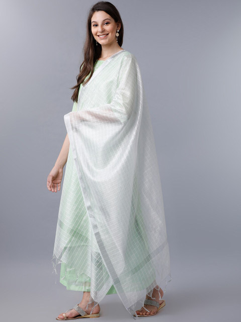 Vishudh Women Off White & Silver-Coloured Checked Dupatta - Image 3