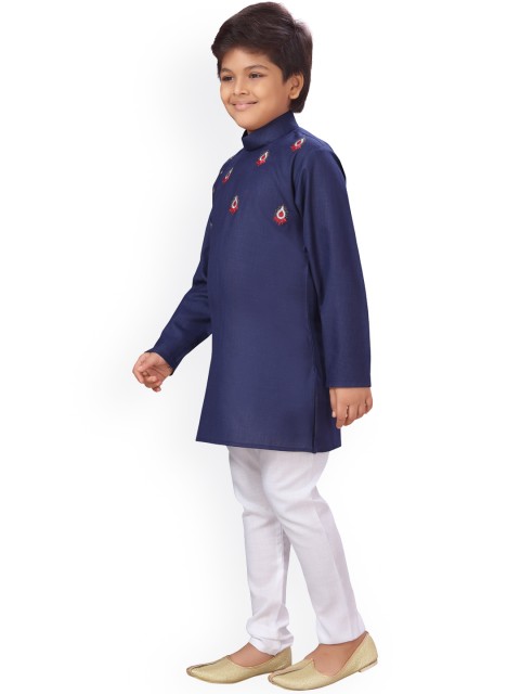 ahhaaaa Boys Navy & White Embroidered Sherwani Set - Image 4