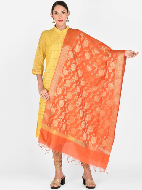 Dupatta Bazaar Orange & Gold-Coloured Woven Design Banarasi Dupatta - Image 6