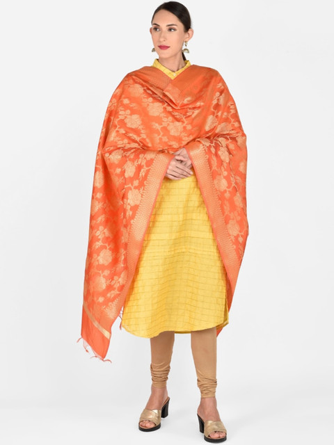 Dupatta Bazaar Orange & Gold-Coloured Woven Design Banarasi Dupatta