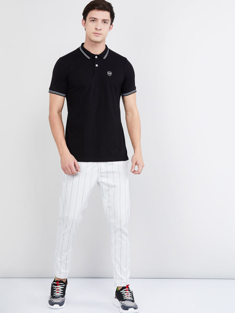 max Men Black Solid Polo Collar T-shirt - Image 4