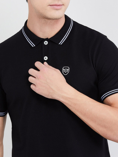 max Men Black Solid Polo Collar T-shirt - Image 2