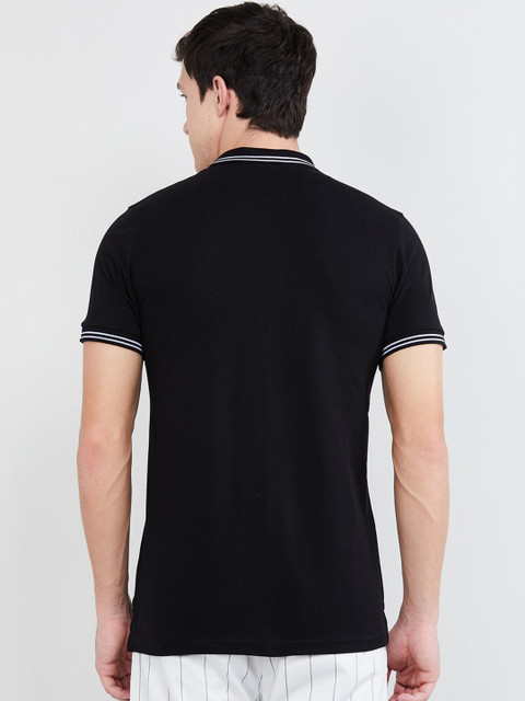 max Men Black Solid Polo Collar T-shirt - Image 3
