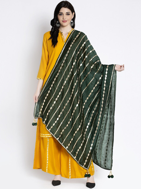 Clora Creation Women Green & Gold-Coloured Striped Gotta Patti Dupatta