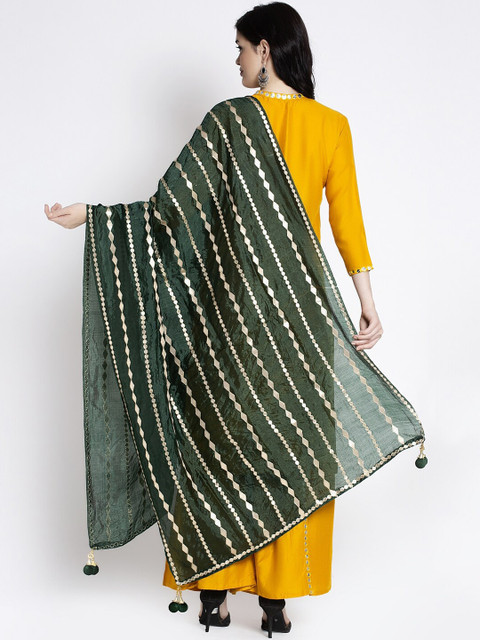 Clora Creation Women Green & Gold-Coloured Striped Gotta Patti Dupatta - Image 4