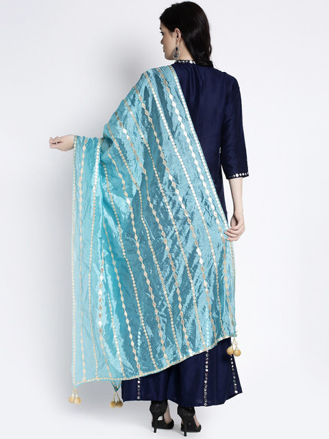 Clora Creation Women Blue & Silver-Coloured Striped Gotta Patti Dupatta - Image 4