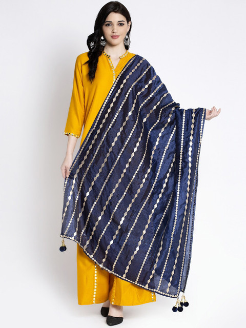 Clora Creation Women Navy Blue & Gold-Coloured Striped Gotta Patti Dupatta