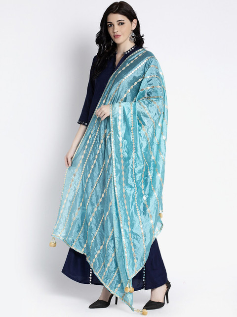 Clora Creation Women Blue & Silver-Coloured Striped Gotta Patti Dupatta - Image 3