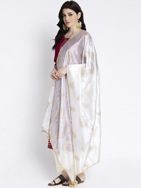 Clora Creation Women White & Gold-Coloured Printed Dupatta - Image 3