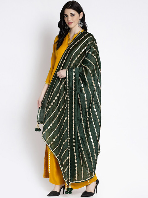 Clora Creation Women Green & Gold-Coloured Striped Gotta Patti Dupatta - Image 3
