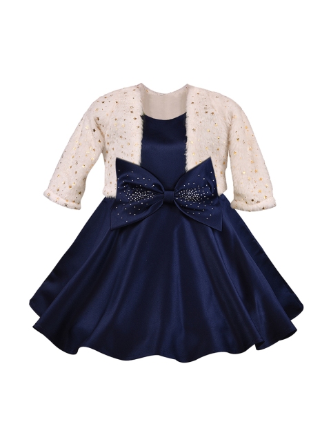Wish Karo Girls Navy Blue Embellished Fit and Flare Dress