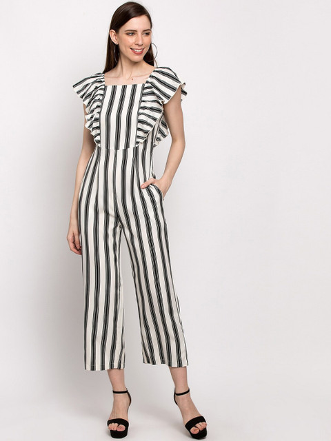 Slenor Women White & Black Striped Basic Jumpsuit