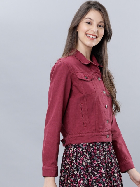 Tokyo Talkies Women Maroon Solid Denim Crop Jacket - Image 3