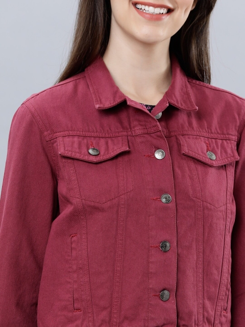 Tokyo Talkies Women Maroon Solid Denim Crop Jacket - Image 2