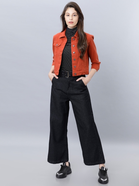 Tokyo Talkies Women Orange Solid Crop Denim Jacket - Image 6