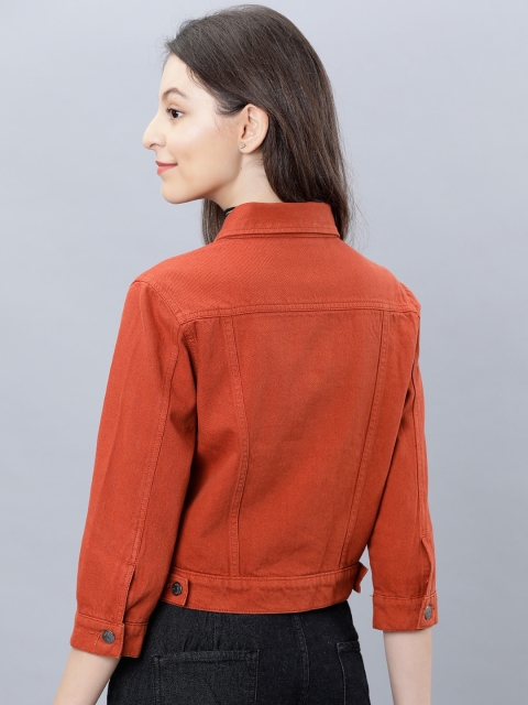 Tokyo Talkies Women Orange Solid Crop Denim Jacket - Image 5