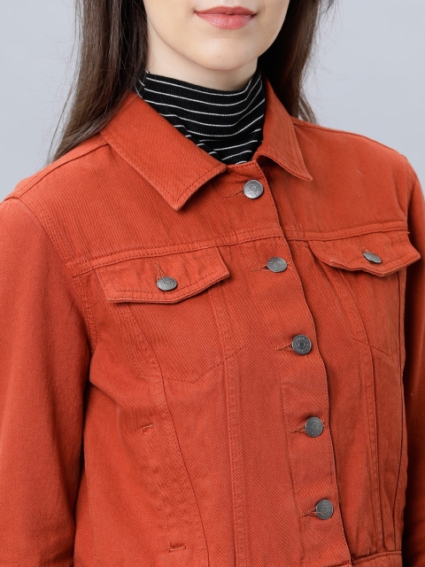Tokyo Talkies Women Orange Solid Crop Denim Jacket - Image 2