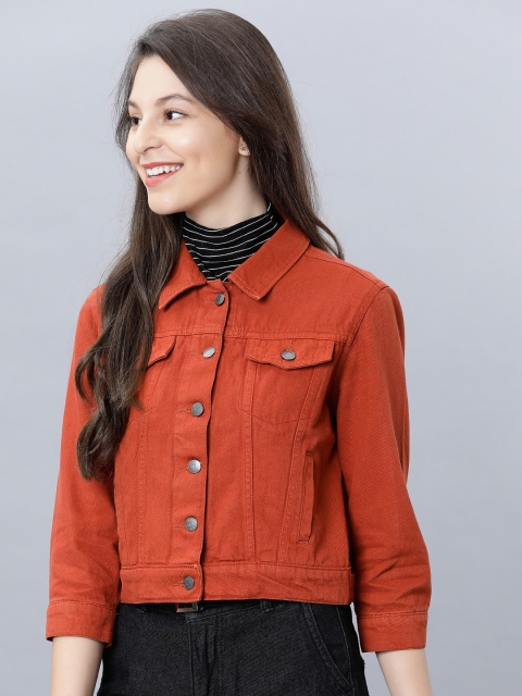 Tokyo Talkies Women Orange Solid Crop Denim Jacket - Image 4