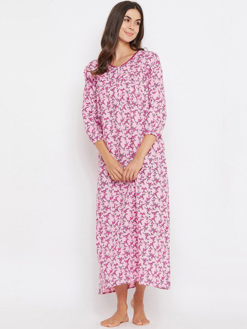 Clovia Women Pink Printed Long Maternity Feeding Nighty