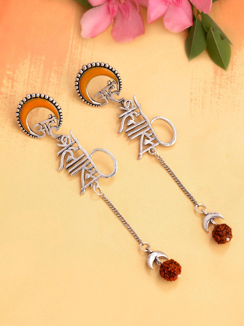 Voylla Silver-Toned & Orange Aham Brahmasmi Inscription Drop Earrings