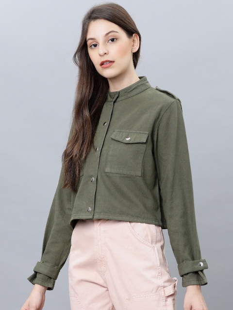 Tokyo Talkies Women Olive Green Solid Denim Jacket - Image 4