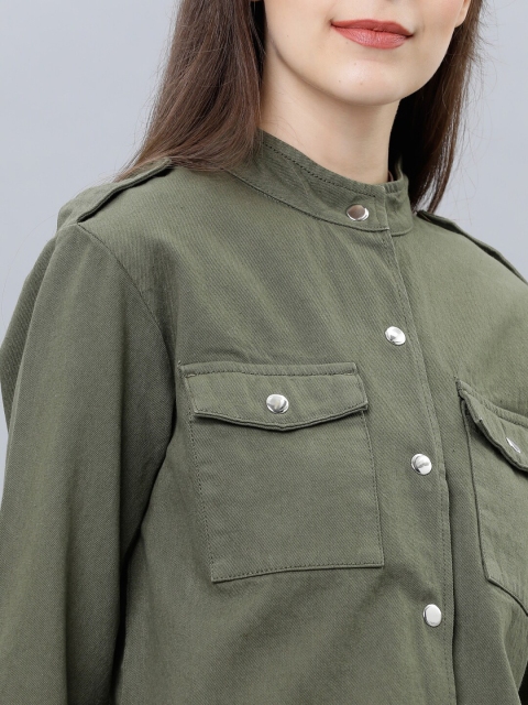 Tokyo Talkies Women Olive Green Solid Denim Jacket - Image 2