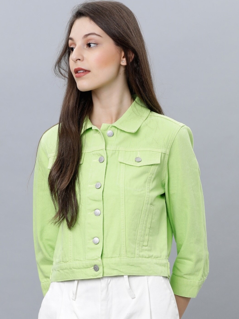 Tokyo Talkies Women Green Solid Denim Jacket - Image 4