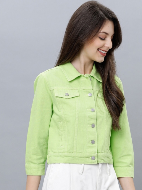 Tokyo Talkies Women Green Solid Denim Jacket - Image 3