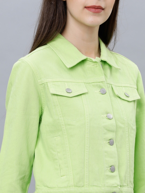 Tokyo Talkies Women Green Solid Denim Jacket - Image 2