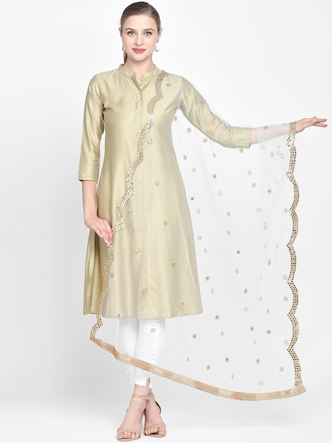 Dupatta Bazaar Women White & Gold-Toned Embroidered Dupatta