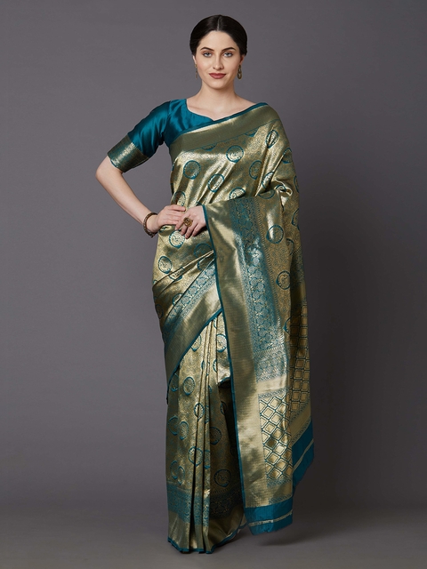 Mitera Teal Green & Gold-Toned Silk Blend Woven Design Banarasi Saree