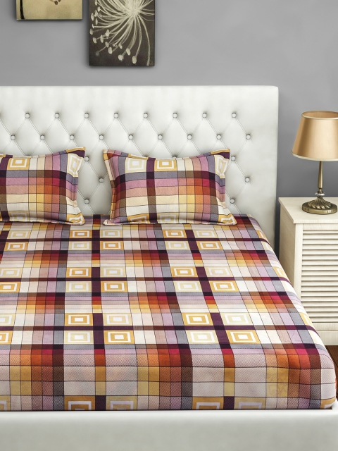 SWAYAM Brown & White Geometric 144 TC Cotton 1 King Bedsheet with 2 Pillow Covers - Image 2
