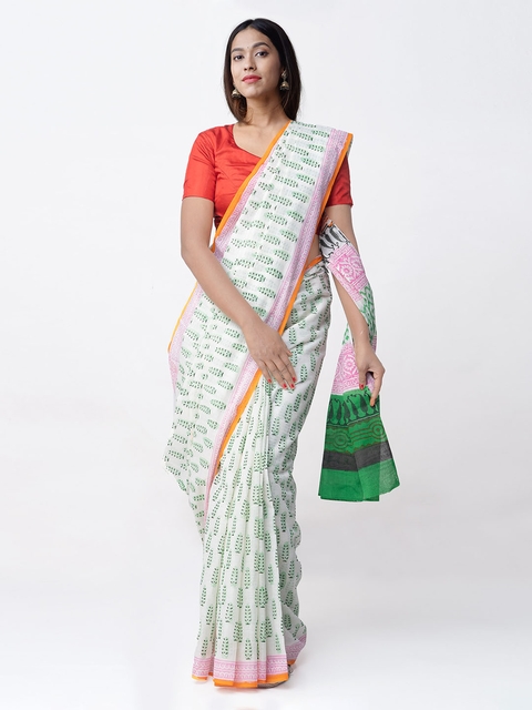 Unnati Silks Off-White & Green Pure Cotton Printed Saree