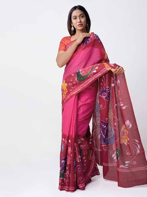 Unnati Silks Pink & Red Pure Cotton Printed Saree