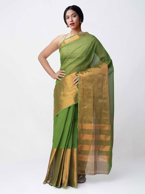 Unnati Silks Green & Gold-Coloured Pure Cotton Woven Design Uppada Saree